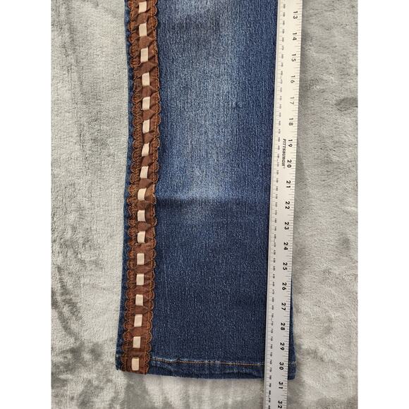 Vintage KUL USA Ribbon Lace Side Detail Mid Rise Flare Jeans Size 11 Blue Brown - Picture 12 of 14